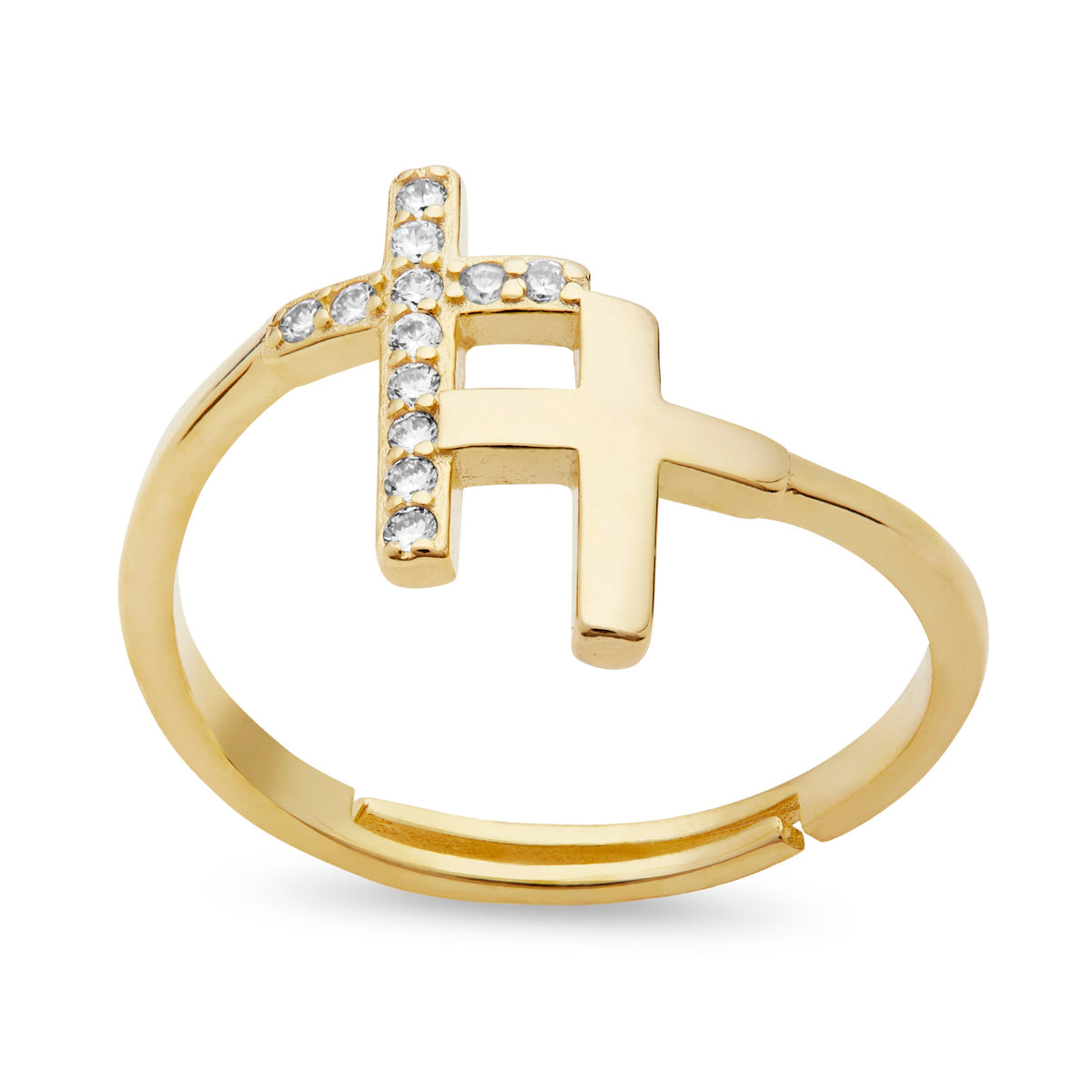 Gold-plated Sterling Silver Adjustable Ring With Two Cubic Zirconia Crosses