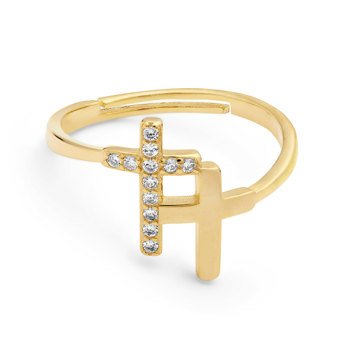 Gold-plated Sterling Silver Adjustable Ring With Two Cubic Zirconia Crosses