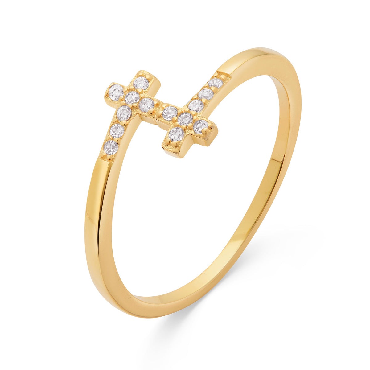 Gold-plated Sterling Silver Adjustable Ring With Two Cubic Zirconia and Crosses