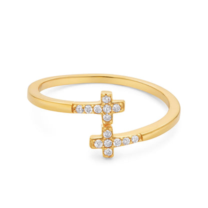 Gold-plated Sterling Silver Adjustable Ring With Two Cubic Zirconia and Crosses