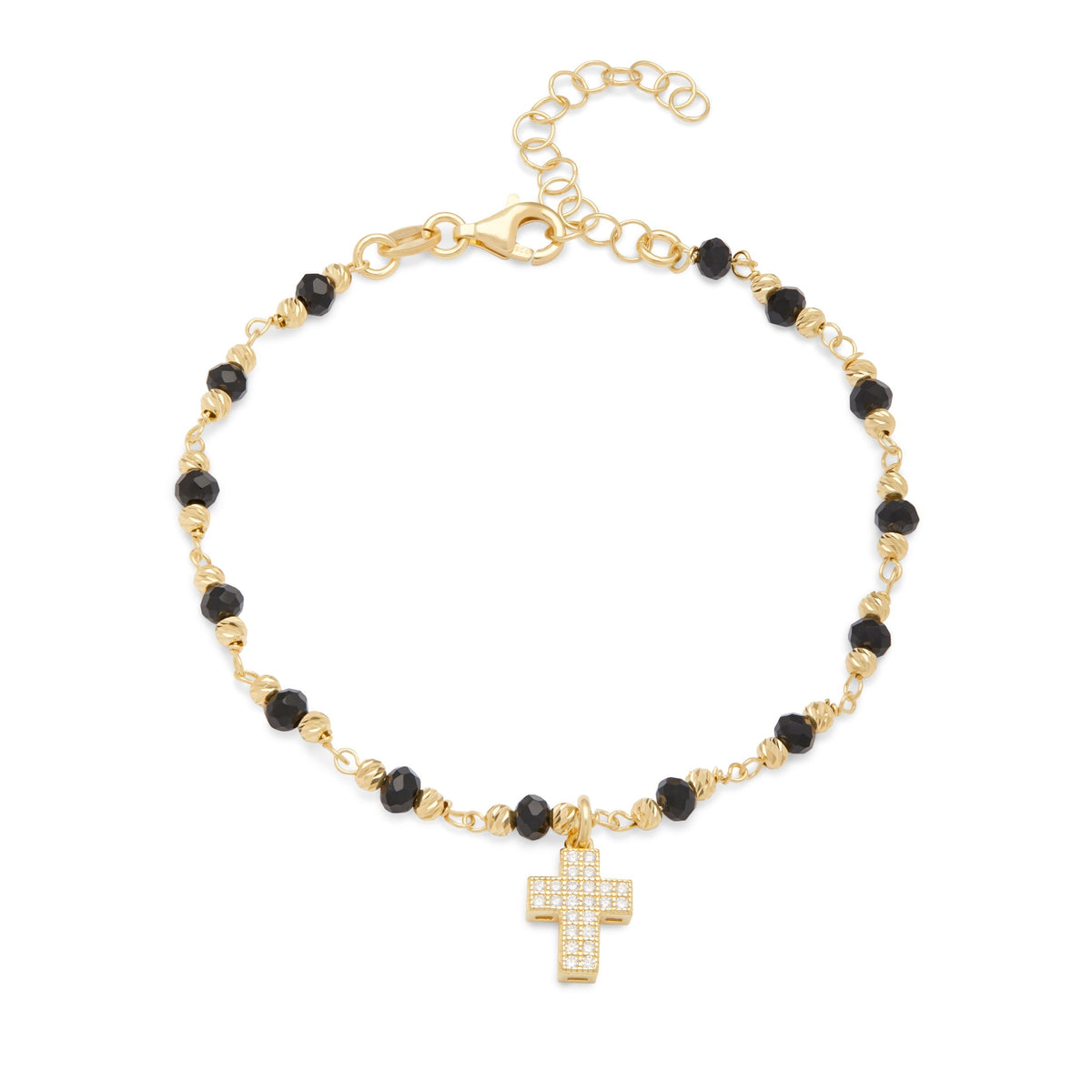 Gold-plated Sterling Silver Bracelet With Black Beads and Cross With Cubic Zirconia Pendant