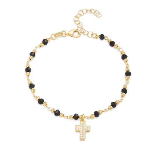 Gold-plated Sterling Silver Bracelet With Black Beads and Cross With Cubic Zirconia Pendant