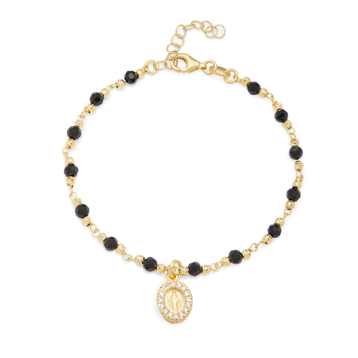 Gold-plated Sterling Silver Bracelet With Black Beads and Miraculous Medal With Cubic Zirconia Pendant