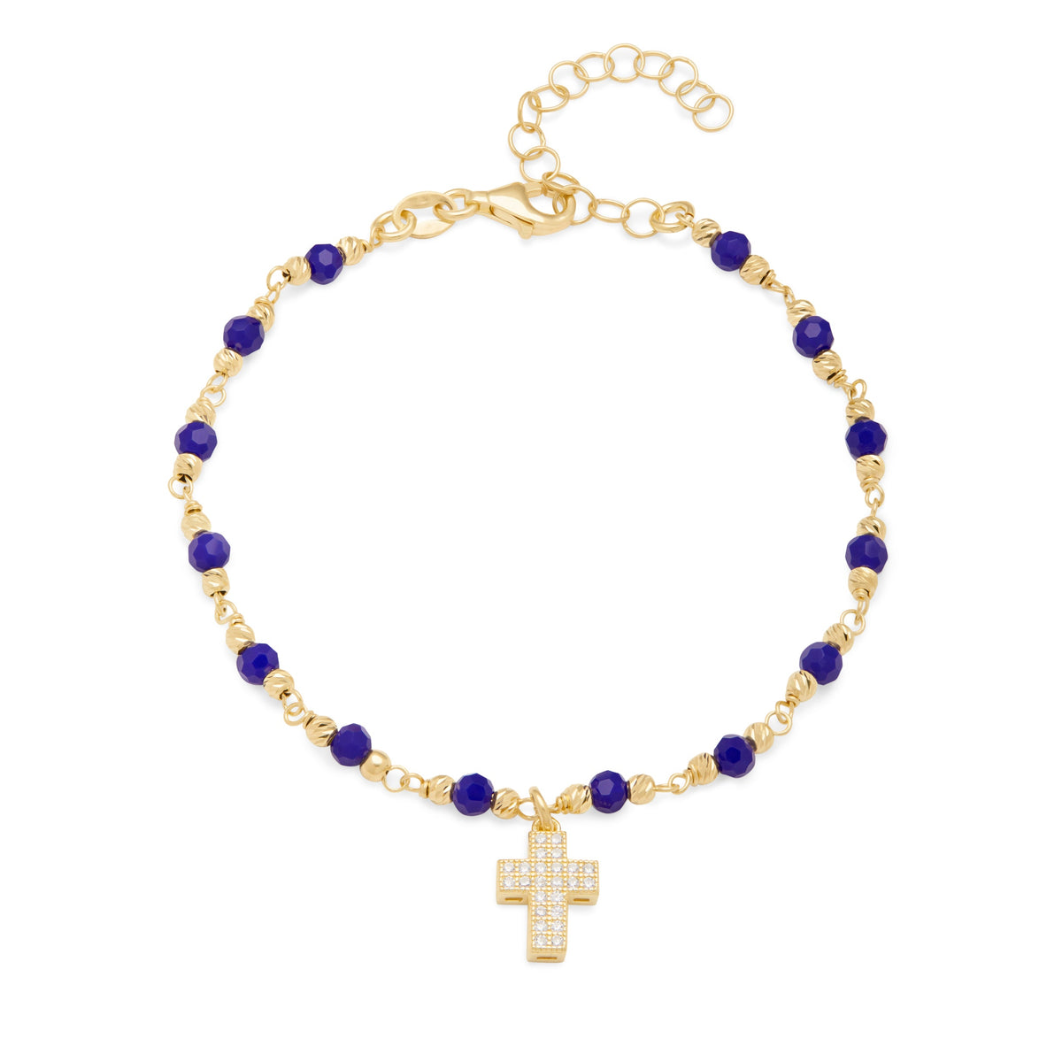 Gold-plated Sterling Silver Bracelet With Blue Beads and Cross With Cubic Zirconia Pendant