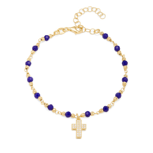 Gold-plated Sterling Silver Bracelet With Blue Beads and Cross With Cubic Zirconia Pendant