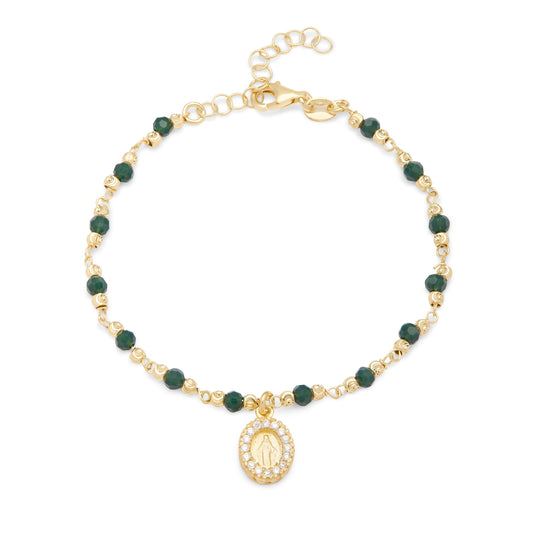 Gold-plated Sterling Silver Bracelet With Green Beads and Miraculous Medal With Cubic Zirconia Pendant