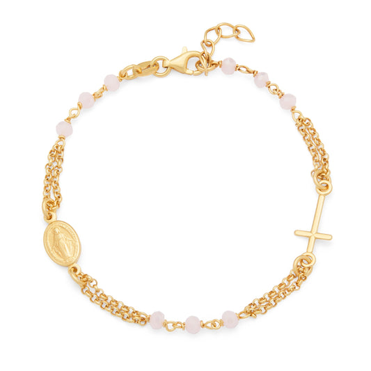 Gold-plated Sterling Silver Bracelet with Light Pink Beads Featuring the Miraculous Medal and a Cross