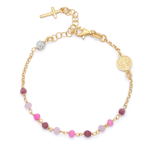 Gold-plated Sterling Silver Bracelet With Pink Beads and St. Benedict Medal
