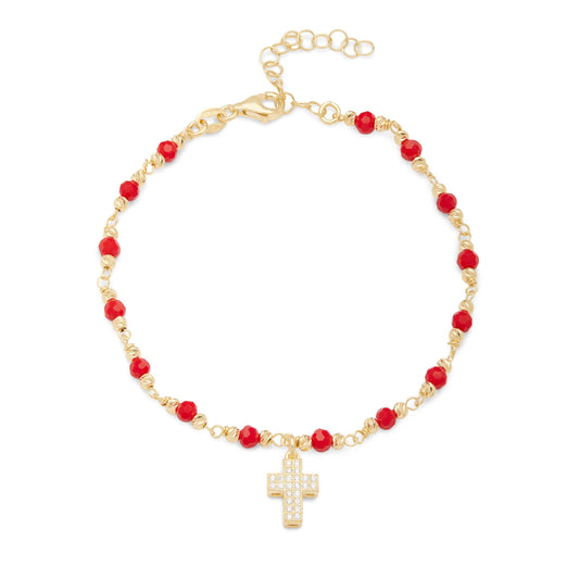 Gold-plated Sterling Silver Bracelet With Red Beads and Cross With Cubic Zirconia Pendant