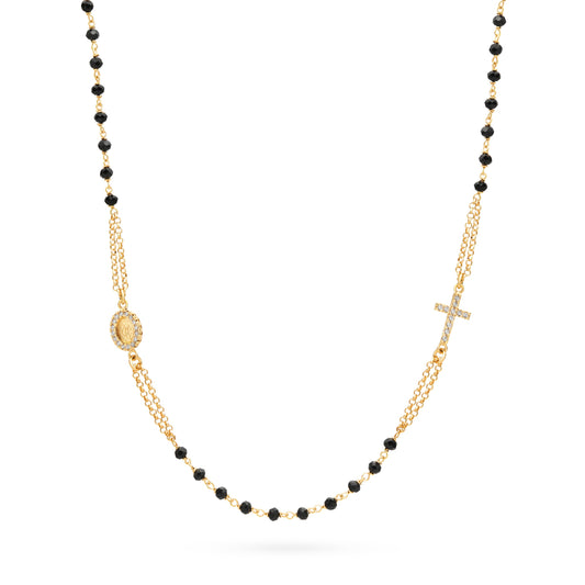 Gold-plated Sterling Silver Double Strand Rosary Necklace with Black Beads and Cubic Zirconia