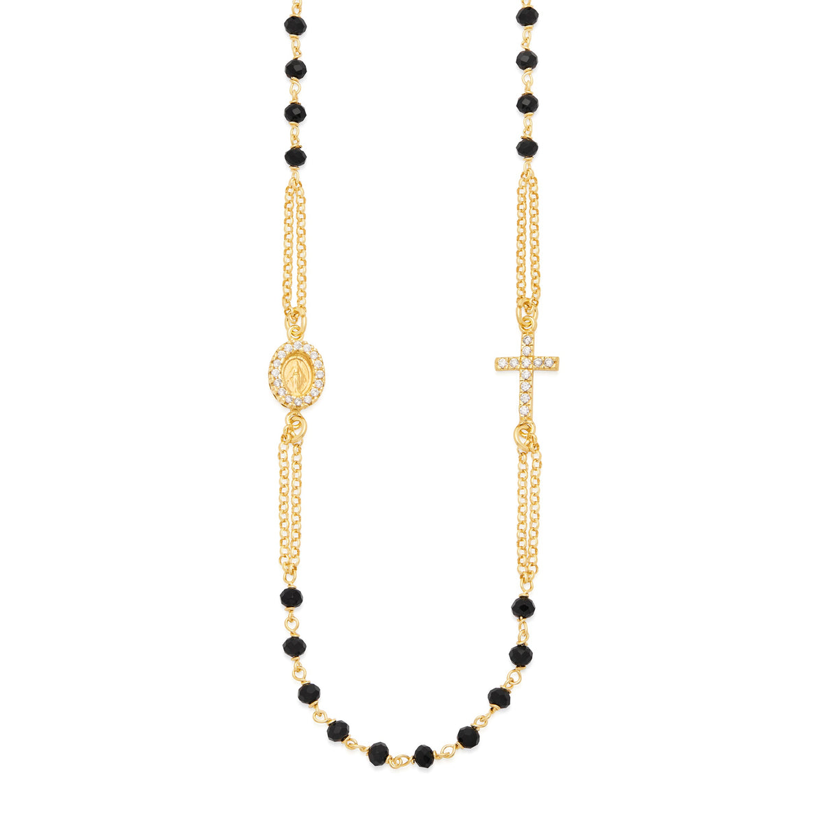Gold-plated Sterling Silver Double Strand Rosary Necklace with Black Beads and Cubic Zirconia