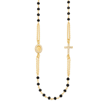 Gold-plated Sterling Silver Double Strand Rosary Necklace with Black Beads and Cubic Zirconia
