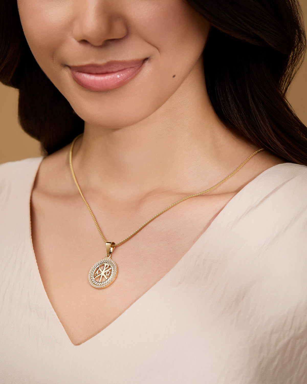 Gold-Plated Sterling Silver Peace Cross Medal with Cubic Zirconia