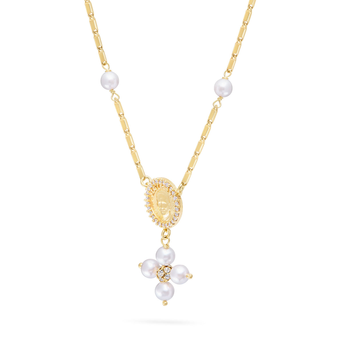 Gold-plated Sterling Silver Pope Leo XIV Necklace with White Pearl Beads and Rhinestone Centerpiece