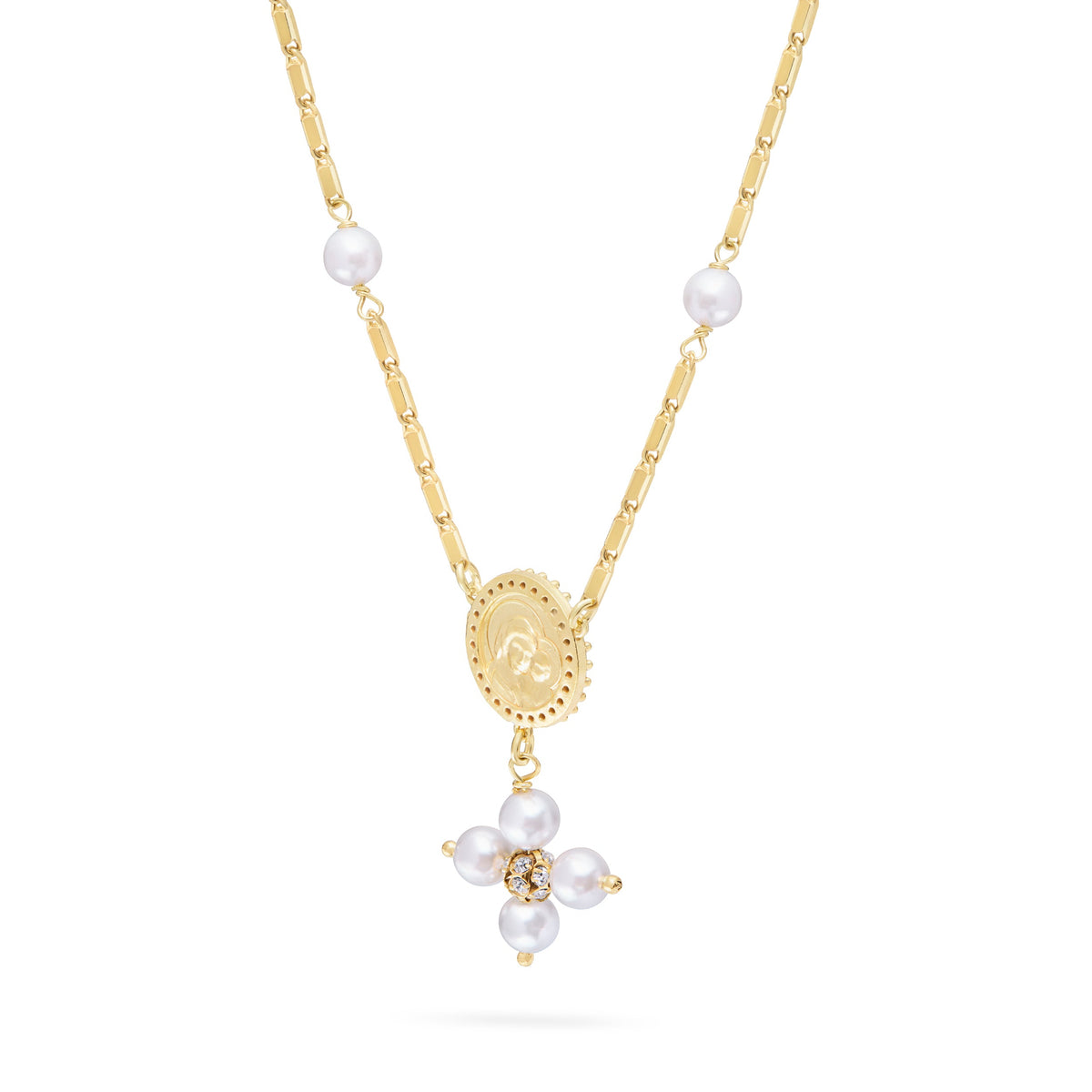 Gold-plated Sterling Silver Pope Leo XIV Necklace with White Pearl Beads and Rhinestone Centerpiece