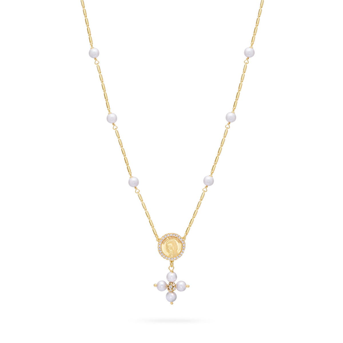 Gold-plated Sterling Silver Pope Leo XIV Necklace with White Pearl Beads and Rhinestone Centerpiece