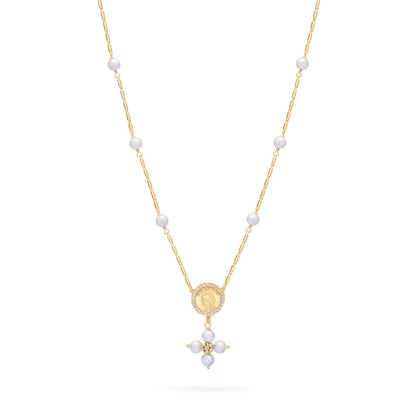 Gold-plated Sterling Silver Pope Leo XIV Necklace with White Pearl Beads and Rhinestone Centerpiece