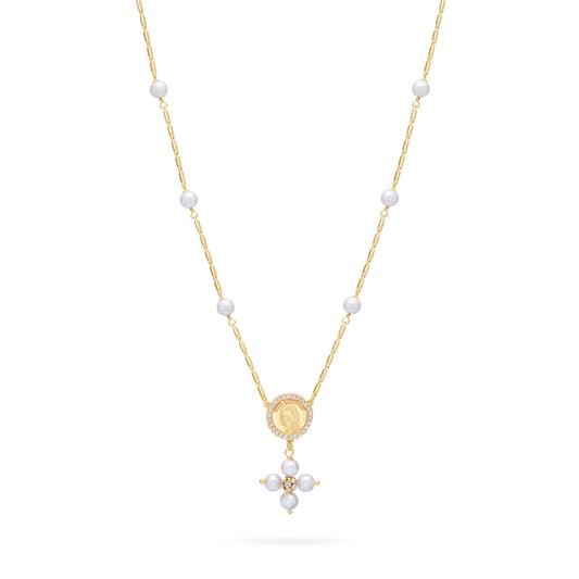 Gold-plated Sterling Silver Pope Leo XIV Necklace with White Pearl Beads and Rhinestone Centerpiece