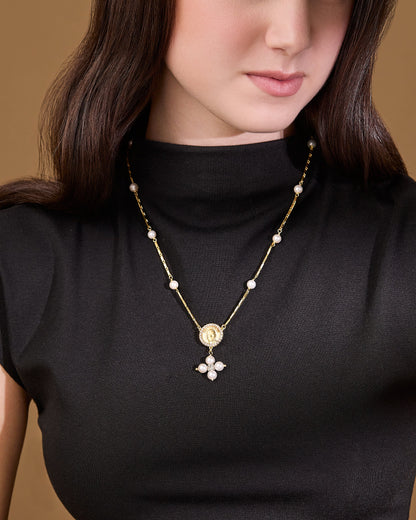 Gold-plated Sterling Silver Pope Leo XIV Necklace with White Pearl Beads and Rhinestone Centerpiece