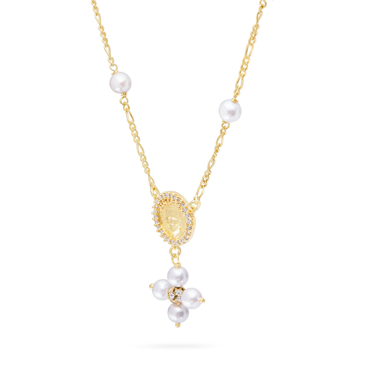 Gold-plated Sterling Silver Pope Leo XIV Necklace with White Pearls and Rhinestone Beads