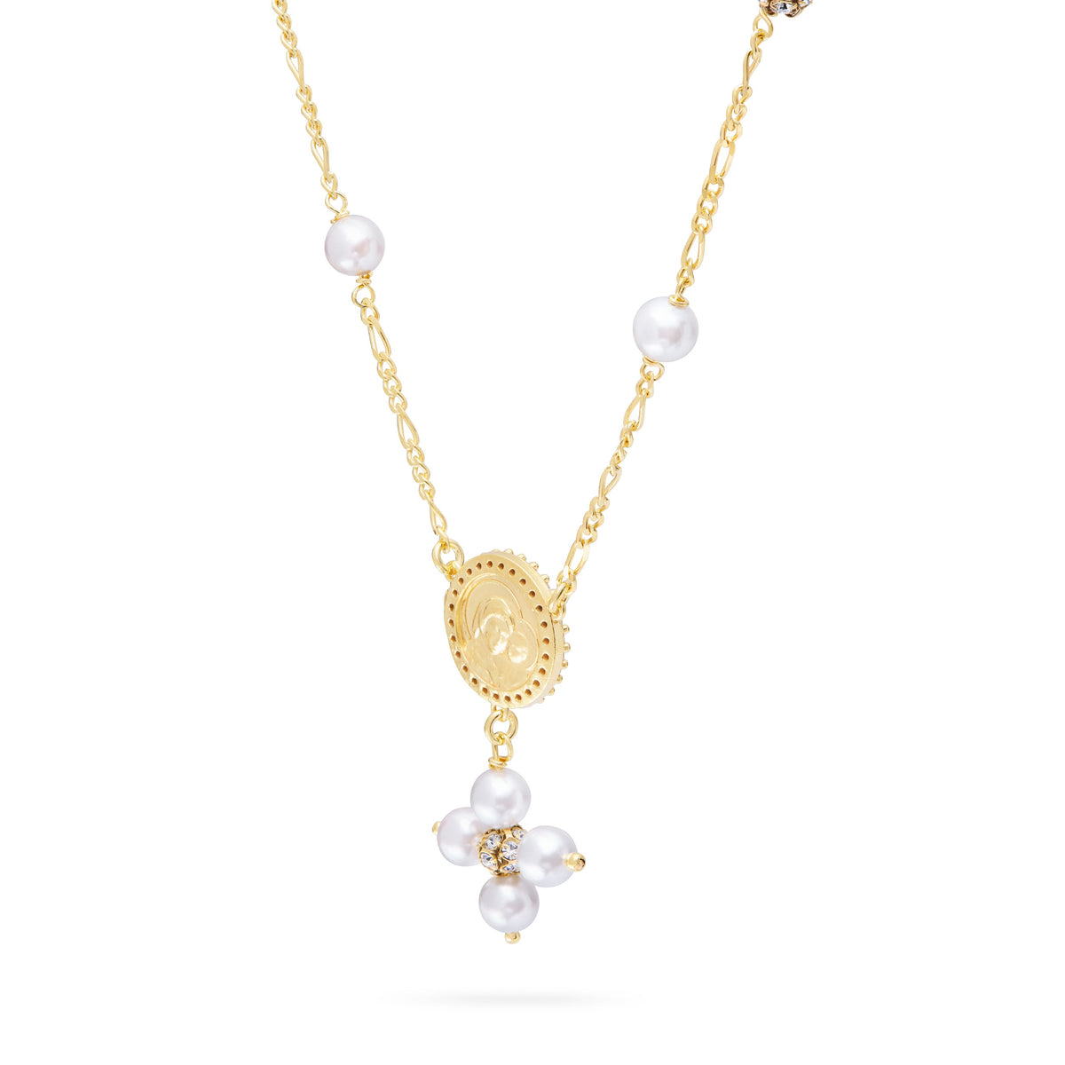 Gold-plated Sterling Silver Pope Leo XIV Necklace with White Pearls and Rhinestone Beads