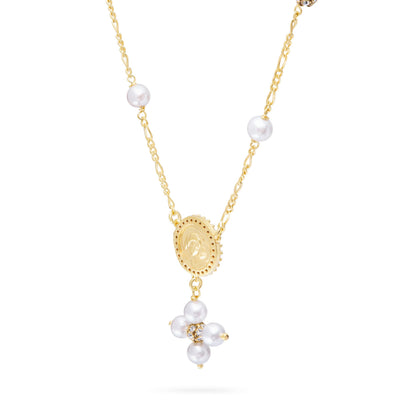 Gold-plated Sterling Silver Pope Leo XIV Necklace with White Pearls and Rhinestone Beads