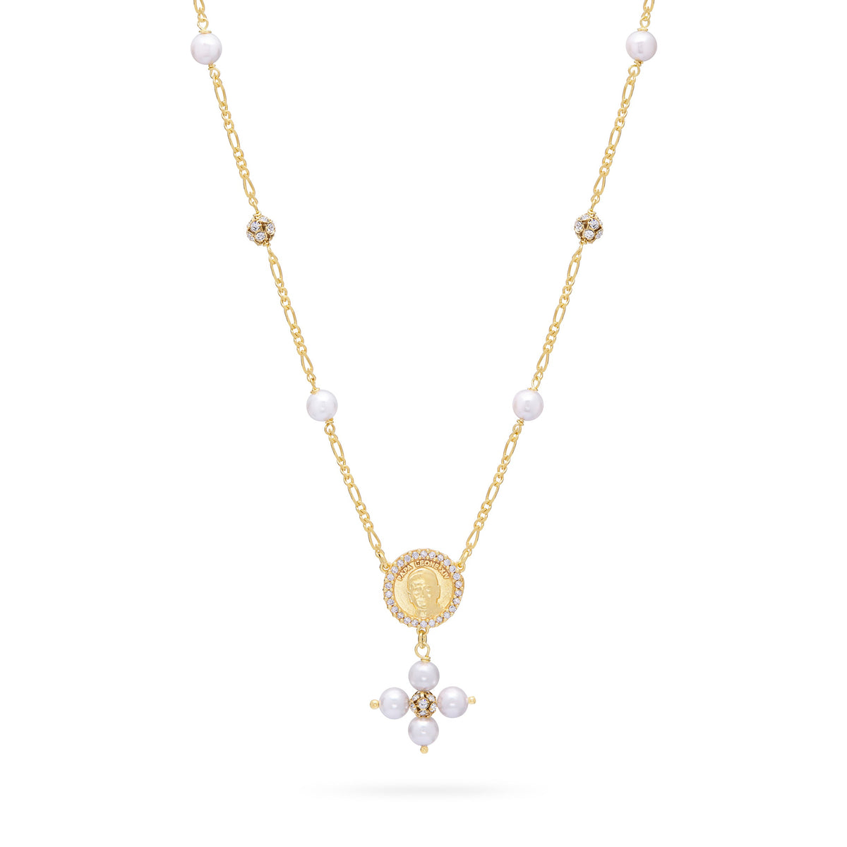 Gold-plated Sterling Silver Pope Leo XIV Necklace with White Pearls and Rhinestone Beads