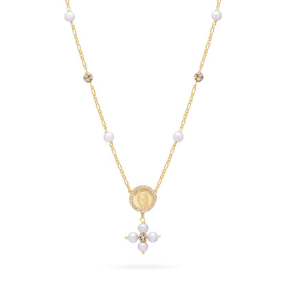 Gold-plated Sterling Silver Pope Leo XIV Necklace with White Pearls and Rhinestone Beads