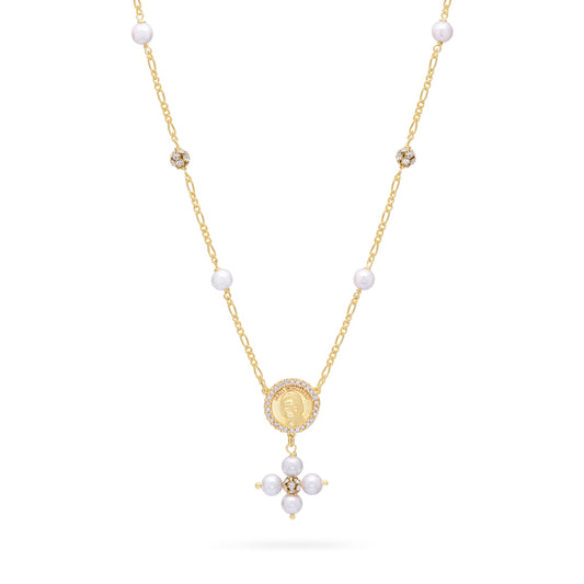 Gold-plated Sterling Silver Pope Leo XIV Necklace with White Pearls and Rhinestone Beads