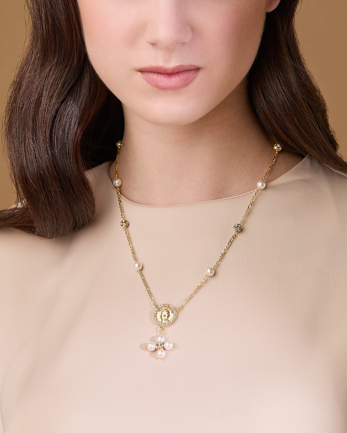 Gold-plated Sterling Silver Pope Leo XIV Necklace with White Pearls and Rhinestone Beads
