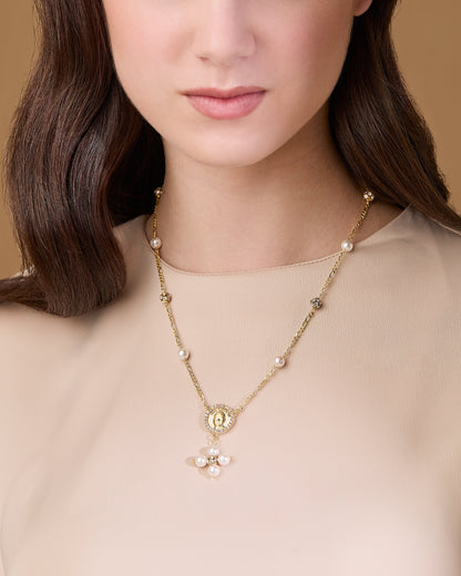 Gold-plated Sterling Silver Pope Leo XIV Necklace with White Pearls and Rhinestone Beads