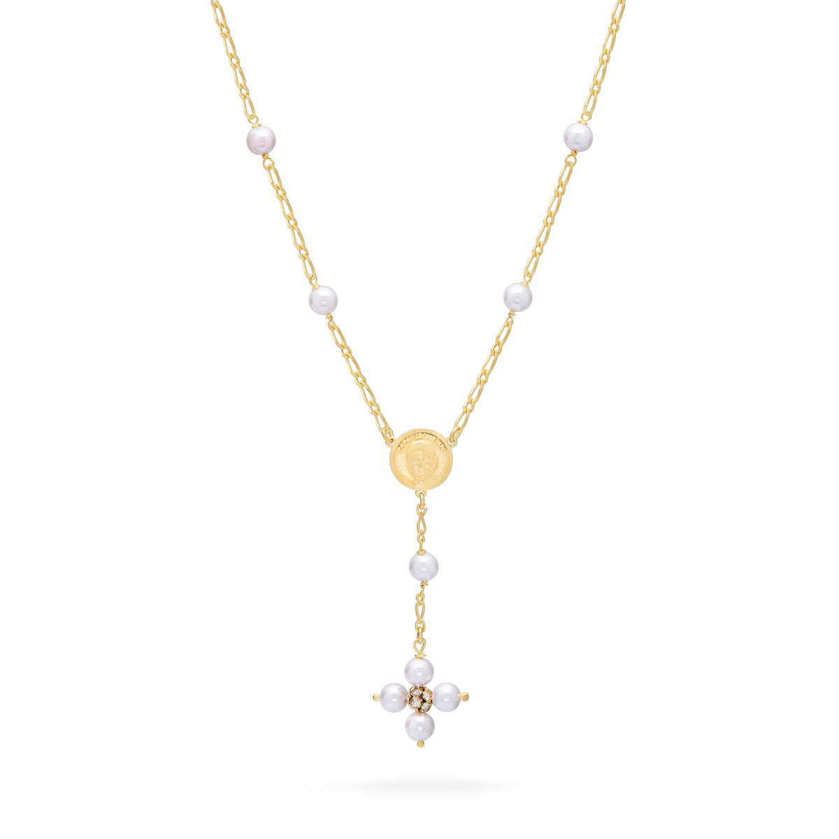 Gold-plated Sterling Silver Pope Leo XIV Necklace with White Pearls Beads