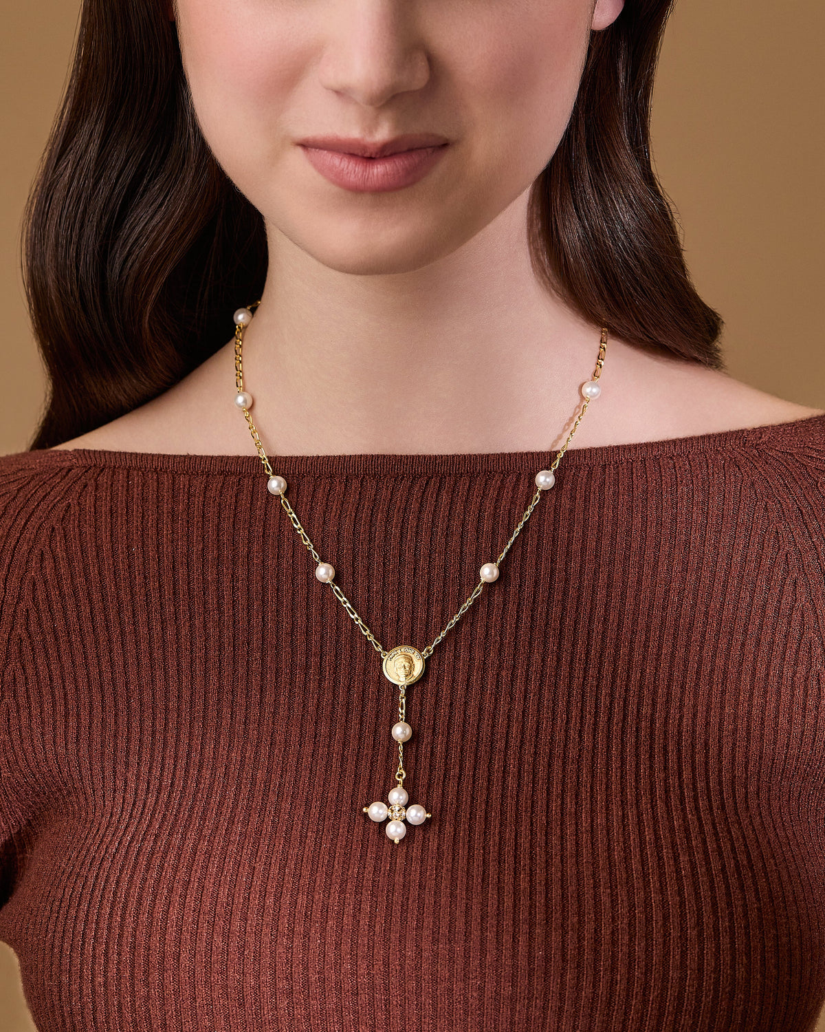 Gold-plated Sterling Silver Pope Leo XIV Necklace with White Pearls Beads