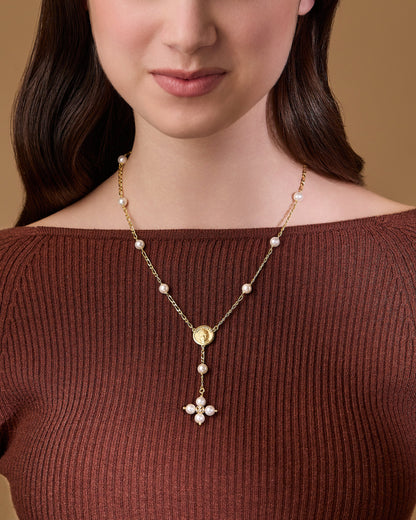 Gold-plated Sterling Silver Pope Leo XIV Necklace with White Pearls Beads