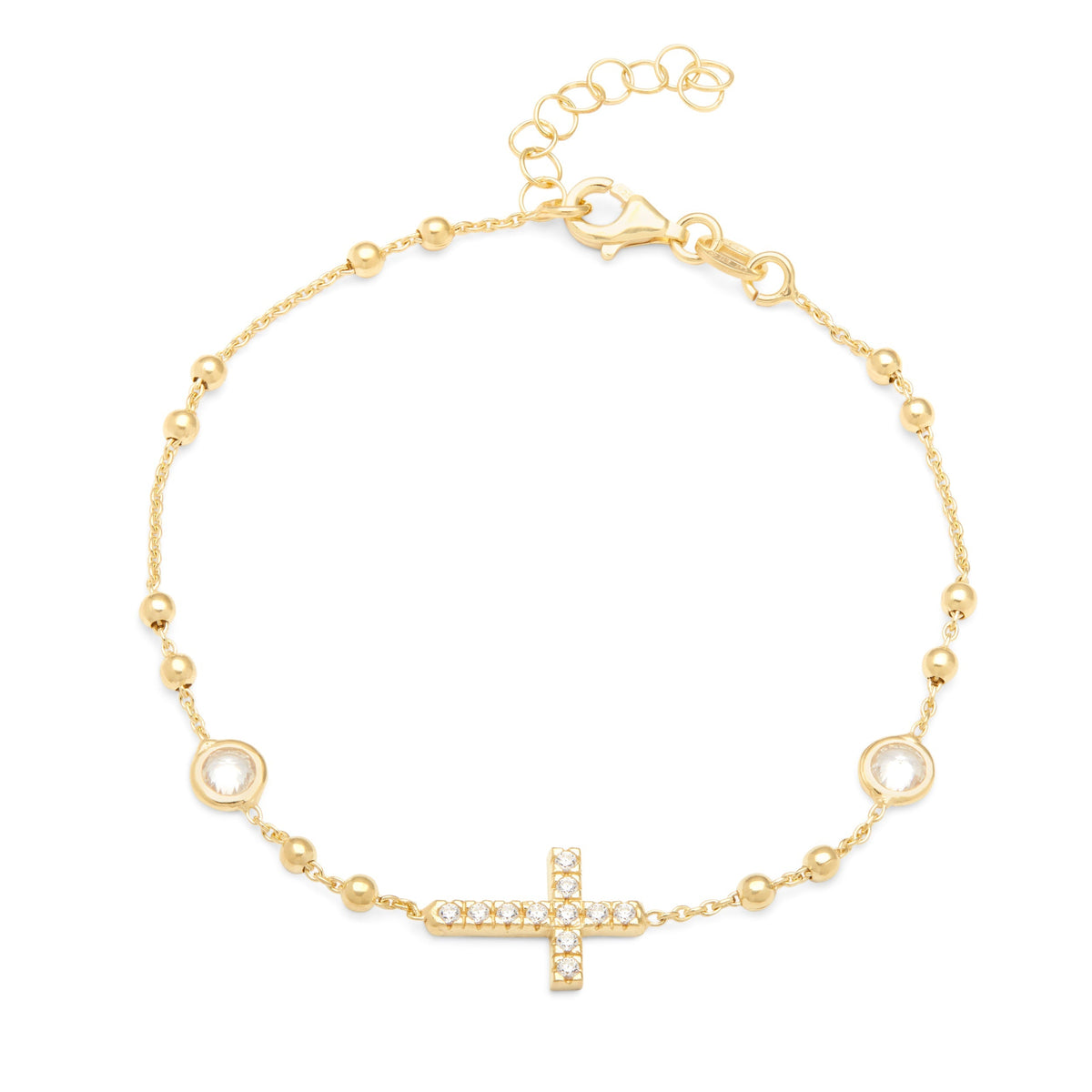 Gold-plated Sterling Silver Rosary Bracelet With Cross and Cubic Zirconia Details