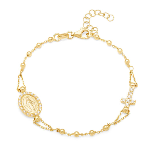Gold-plated Sterling Silver Rosary Bracelet With Cross and Miraculous Medal and Cubic Zirconia Details