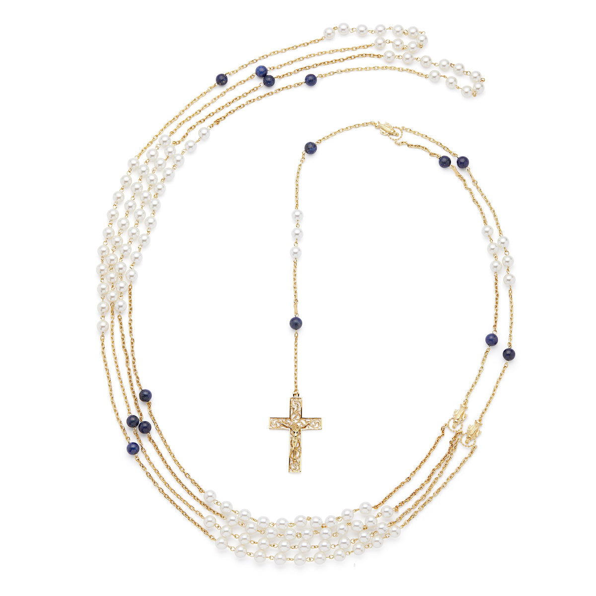 Gold-plated Sterling Silver Wedding Lazo with Pearl and Blue Beads
