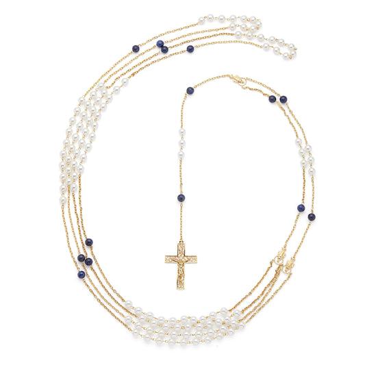 Gold-plated Sterling Silver Wedding Lazo with Pearl and Blue Beads