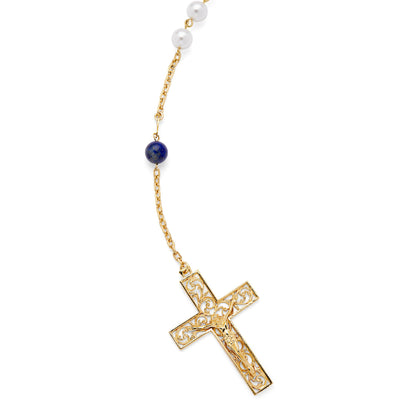 Gold-plated Sterling Silver Wedding Lazo with Pearl and Blue Beads