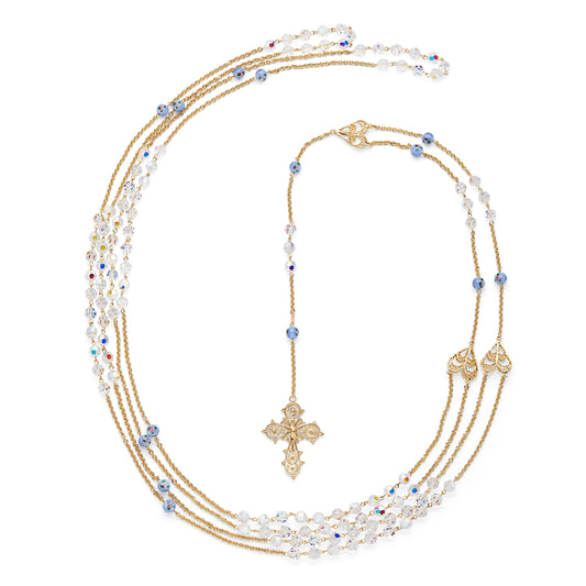 Gold-plated Sterling Silver Wedding Lazo with Crystal and Light Blue Lampwork Beads