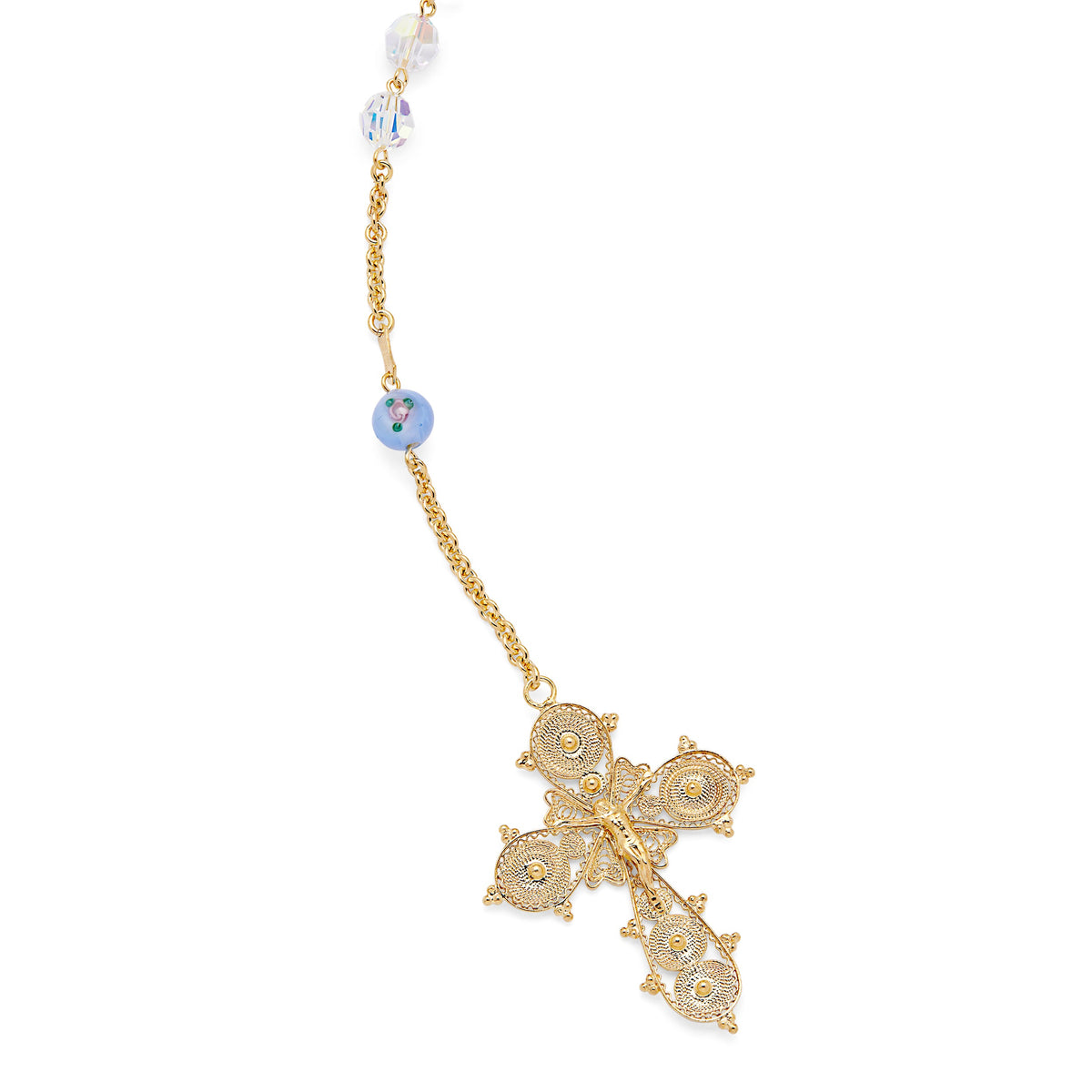 Gold-plated Sterling Silver Wedding Lazo with Crystal and Light Blue Lampwork Beads