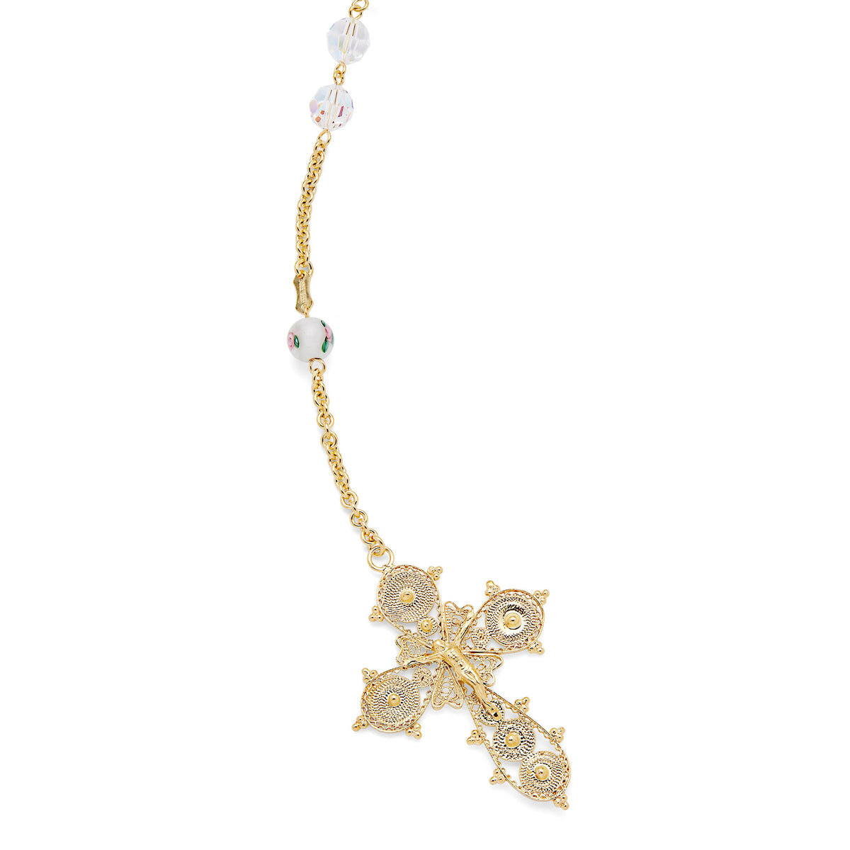 Gold-plated Sterling Silver Wedding Lazo with Crystal and White Lampwork Beads