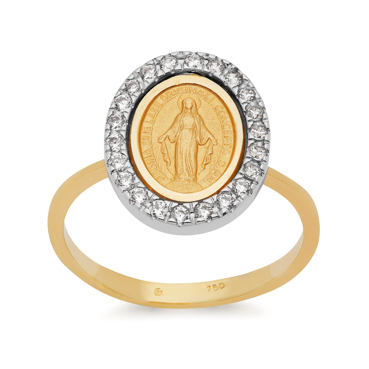 Yellow Gold Ring With Miraculous Medal With White Gold and Cubic Zirconia Details