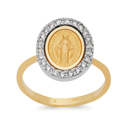 Yellow Gold Ring With Miraculous Medal With White Gold and Cubic Zirconia Details