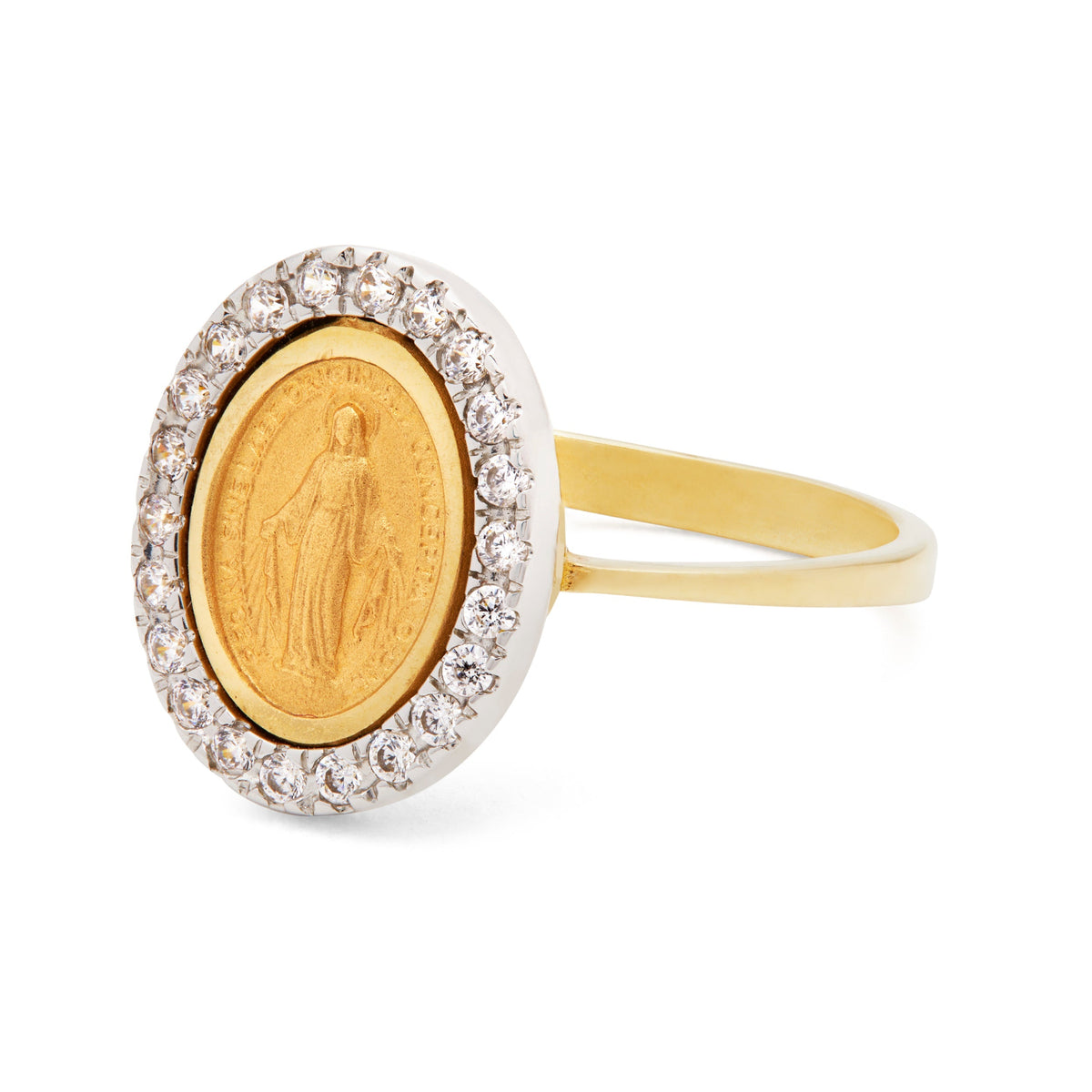 Yellow Gold Ring With Miraculous Medal With White Gold and Cubic Zirconia Details