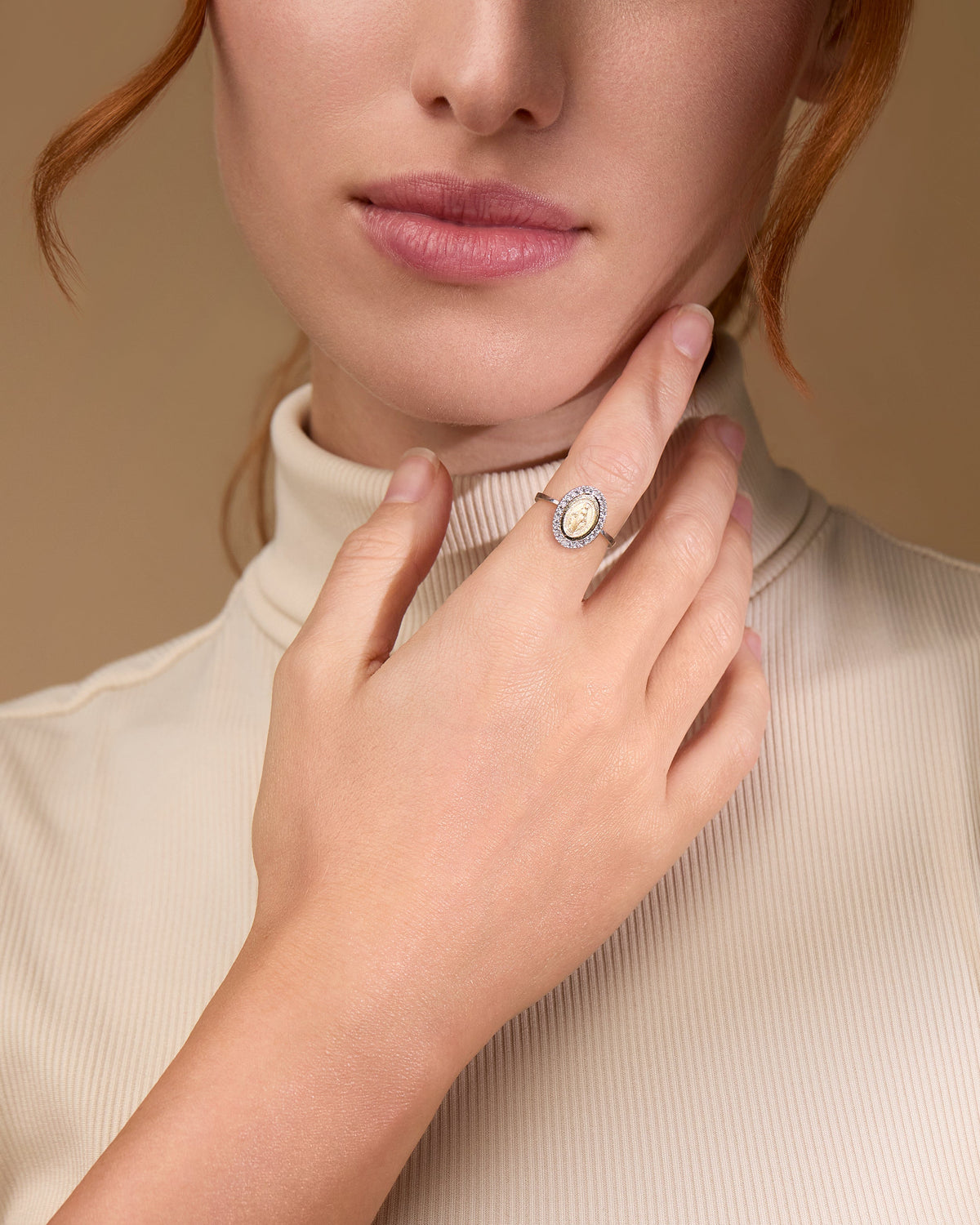 Yellow Gold Ring With Miraculous Medal With White Gold and Cubic Zirconia Details