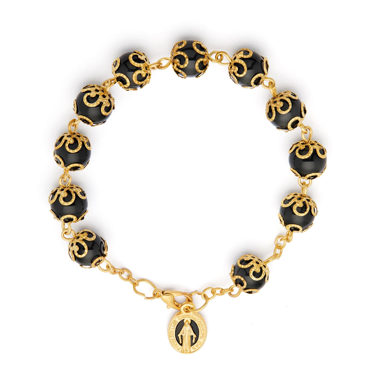 Gold-tone Rosary Bracelet with Black Crystal Beads and Filigree Bead Caps