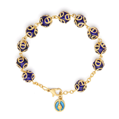 Gold-tone Rosary Bracelet with Blue Crystal Beads and Bead Caps