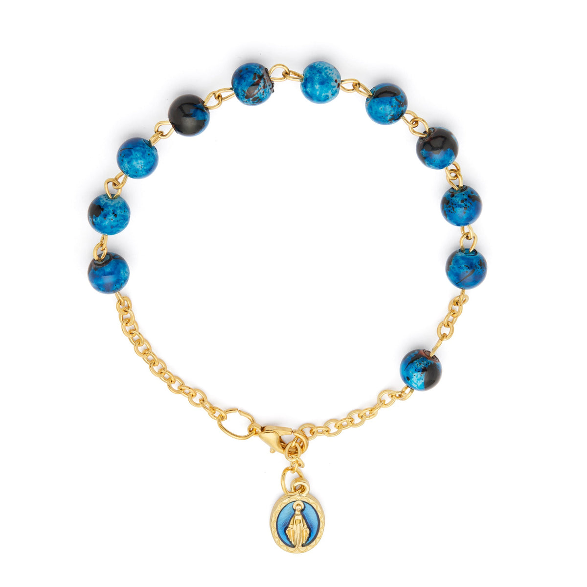 Gold-tone Rosary Bracelet with Blue Variegated Beads