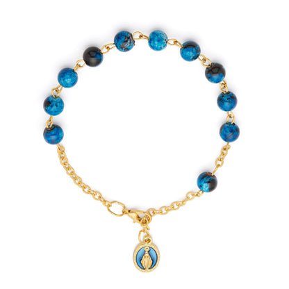 Gold-tone Rosary Bracelet with Blue Variegated Beads